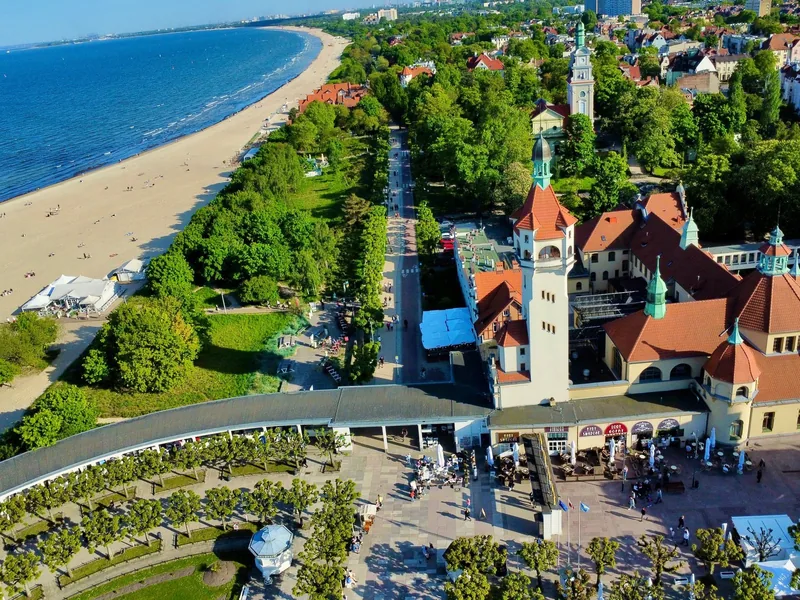 An aerial view of Sopot seafront and the historic complex beside SeaSide.