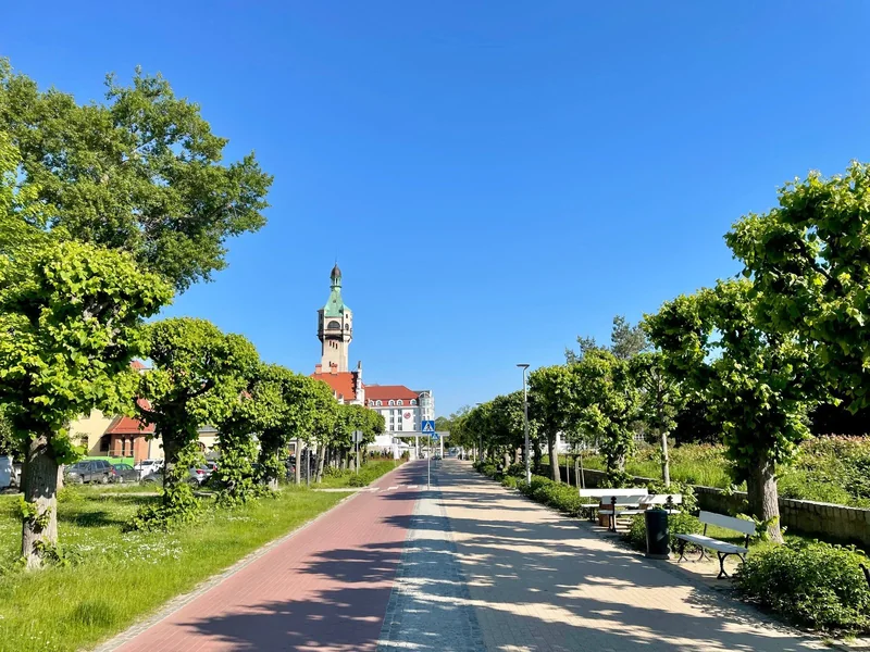 A leafy promenade leading towards Sopot lighthouse.